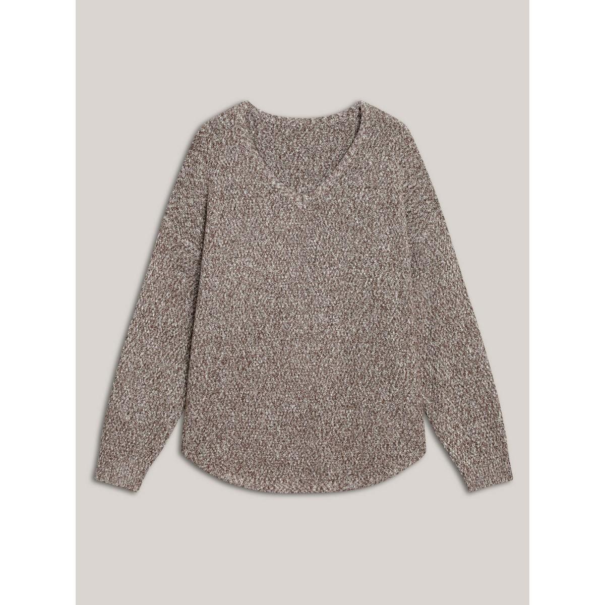 Plus Size Textured V-Neck Curved Hem Pullover DarkBrown Women Casual Loose Long Sleeve V-neck Everyday Pullovers BloomChic 28/5X Product Image