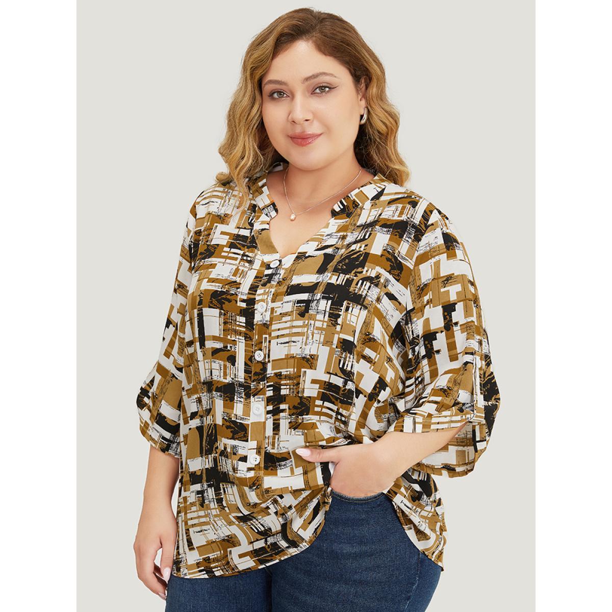 Plus Size Bronze Graphic Print Notched Button Detail Cuffed Sleeve Blouse Women Office Elbow-length sleeve Notched collar Work Blouses BloomChic 28/5X Product Image
