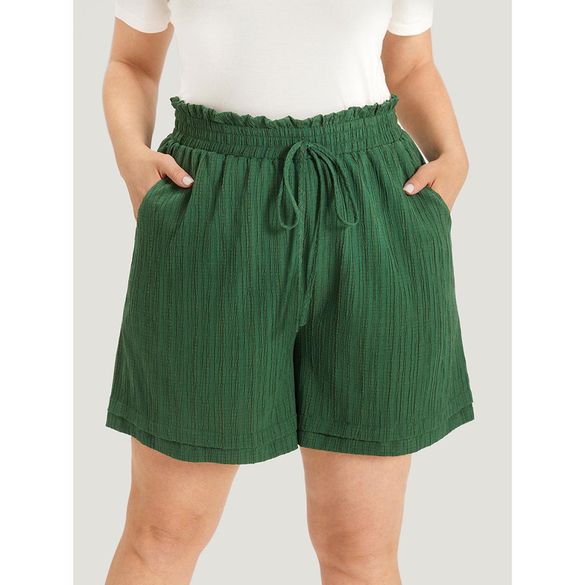 Plus Size Plisse Ties Pocket Paperbag Waist Layered Hem Shorts Women Green Casual Texture Dailywear Shorts BloomChic 26/4X Product Image