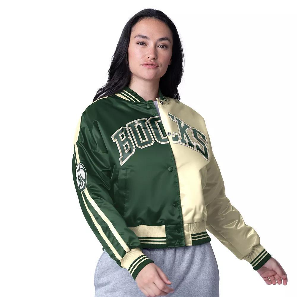 Women's Starter  Cream/Hunter Green Milwaukee Bucks Zone Blitz Cropped Full-Snap Satin Jacket, Size: Large, Beige Product Image