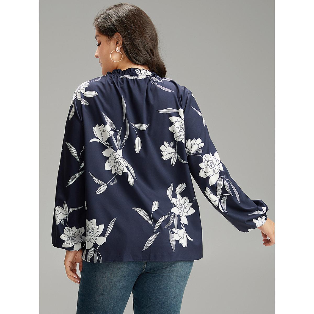 Plus Size Indigo Silhouette Floral Print Frill Trim Pleated Blouse Women Elegant Long Sleeve Round Neck Dailywear Blouses BloomChic 26/4X Product Image