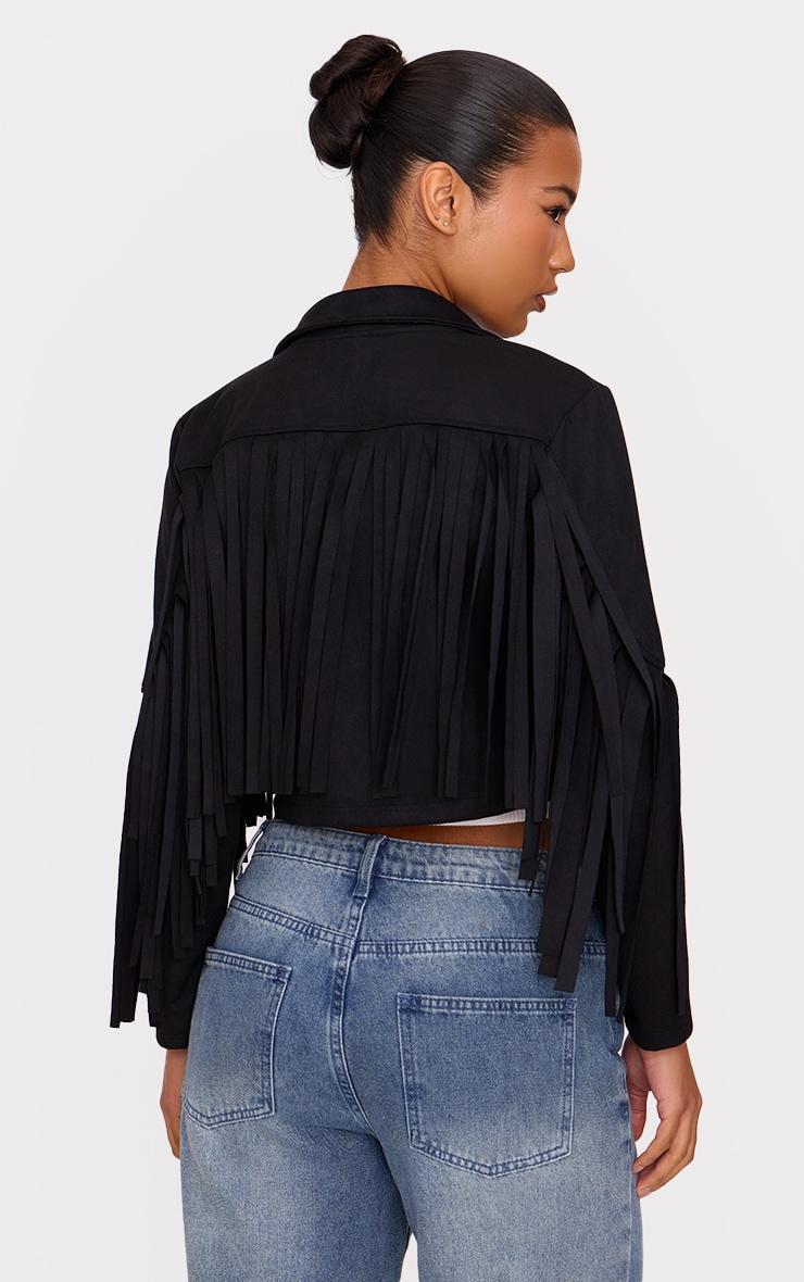 Black Cropped Tassel Faux Suede Jacket Product Image