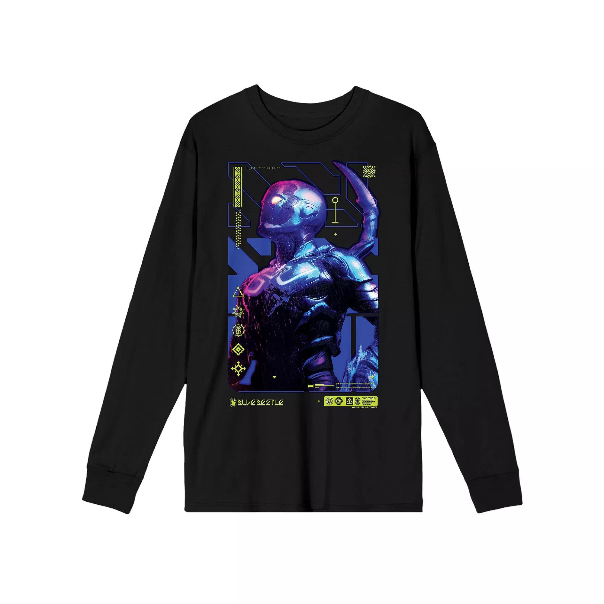 Men's Blue Beetle Long Sleeve Superhero Pose Graphic Tee, Size: Medium, Black Product Image