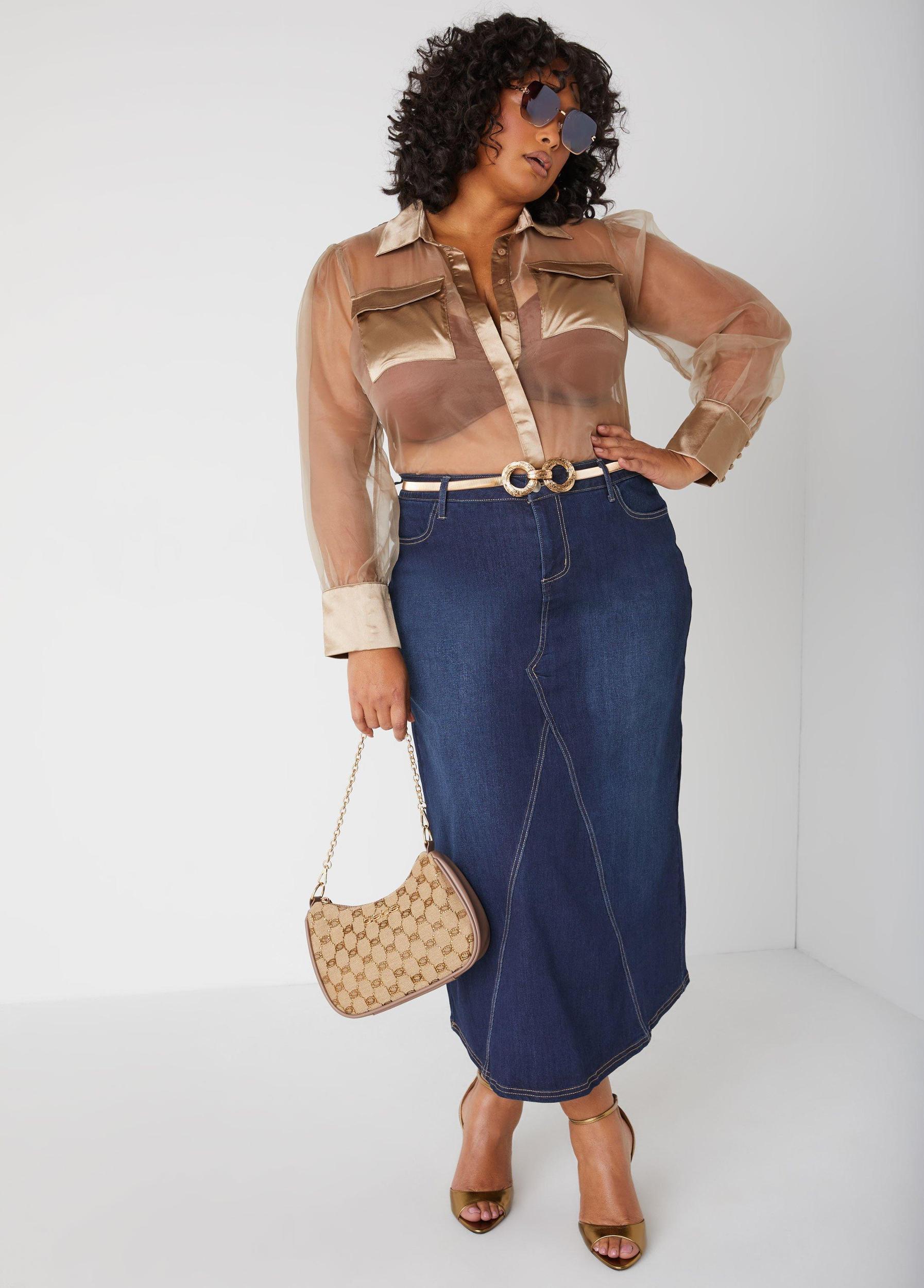 Plus Size Satin Paneled Chiffon Shirt Ashley Stewart Product Image