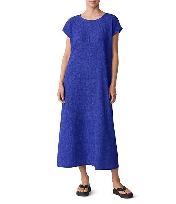 Eileen Fisher Crinkle Plisse Round Neck Cap Sleeve Midi Dress Product Image