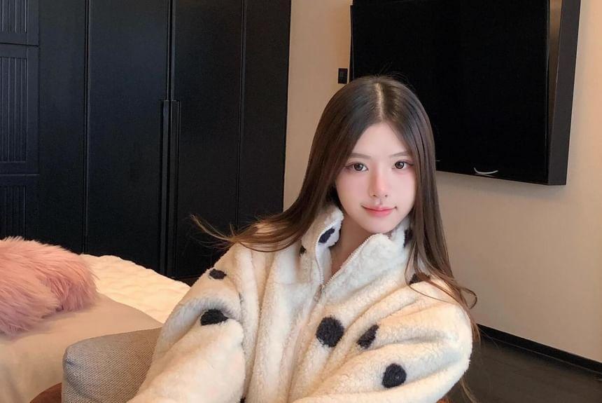 Pajama Set: Dotted Fleece Zip-Up Jacket + Pants Product Image