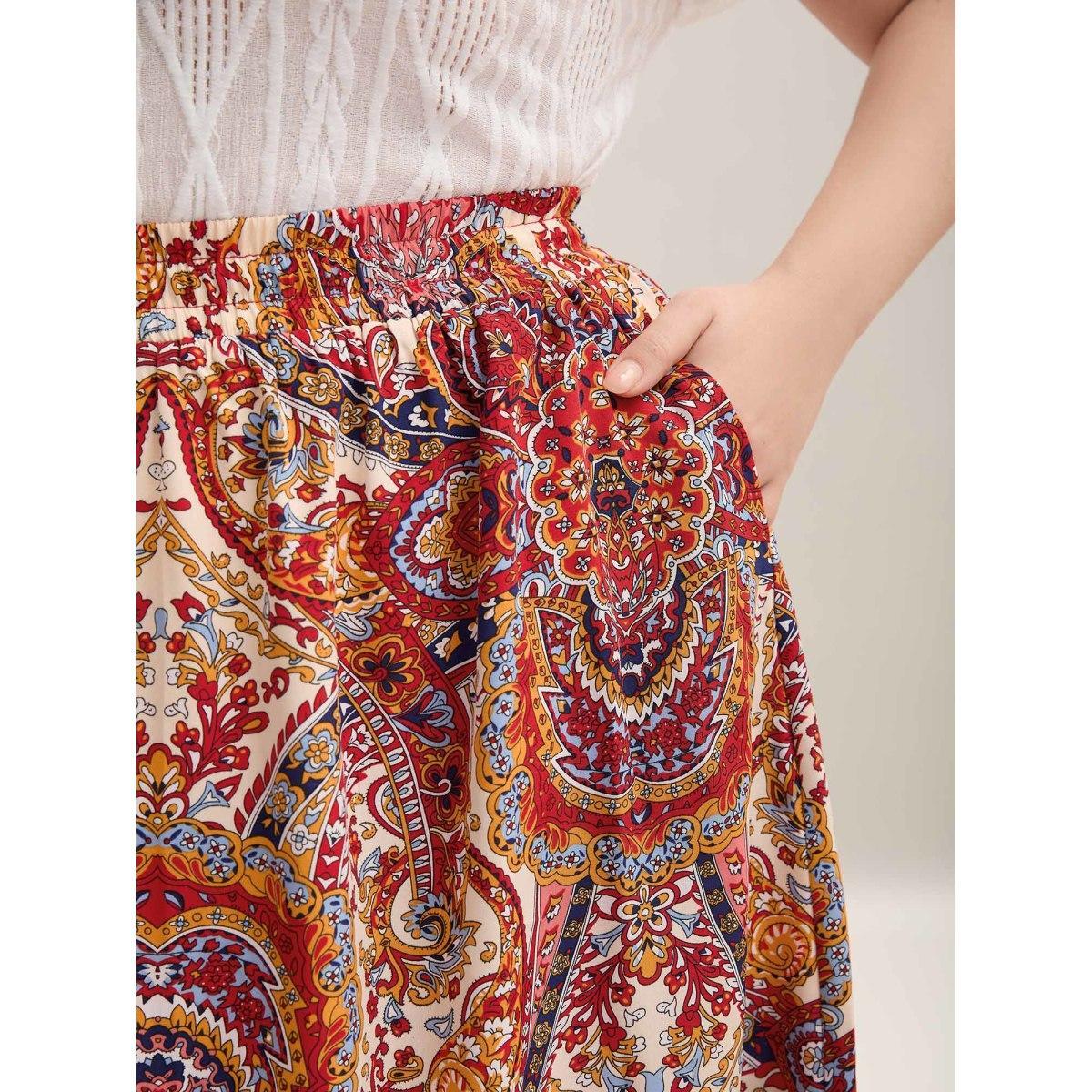 Plus Size Paisley Print Tassels Spliced Midi Skirt Women Crimson Elegant Tassels Bodycon Low stretch Slanted pocket Everyday Skirts BloomChic 10/M Product Image