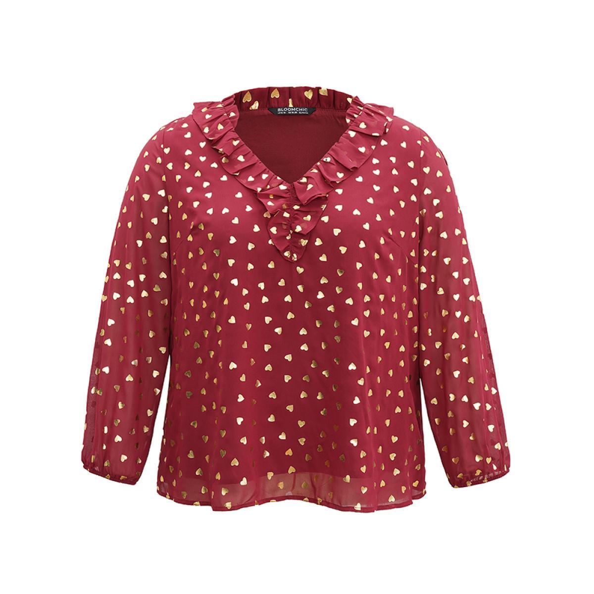 Plus Size Scarlet Glitter Heart Flutters Lantern Sleeve Blouse Women Glamour Long Sleeve V-neck Dailywear Blouses BloomChic 18-20/2X Product Image