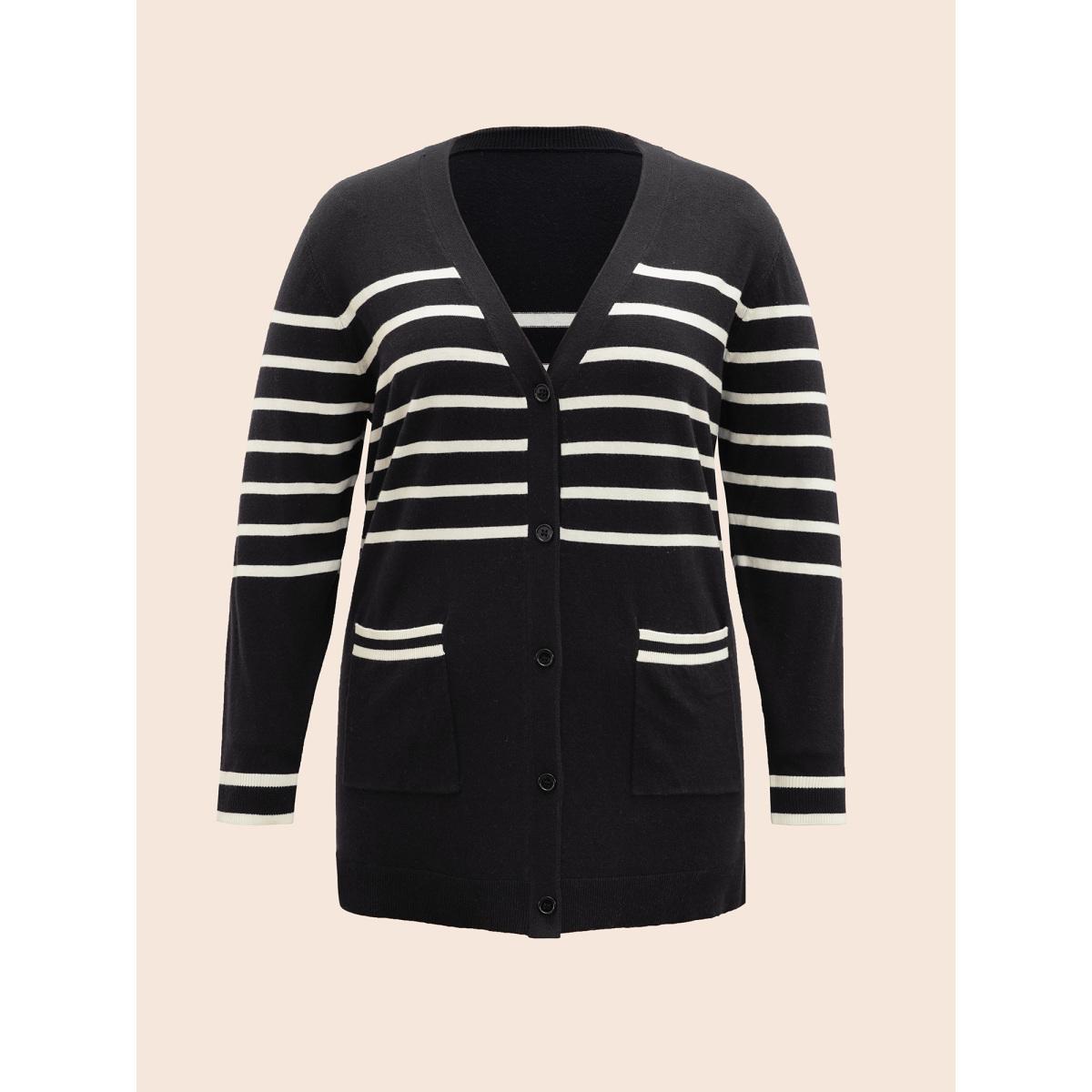 Plus Size Striped V Neck Button Up Pocket Cardigan Black Women Casual Loose Long Sleeve Everyday Cardigans BloomChic 12/L Product Image