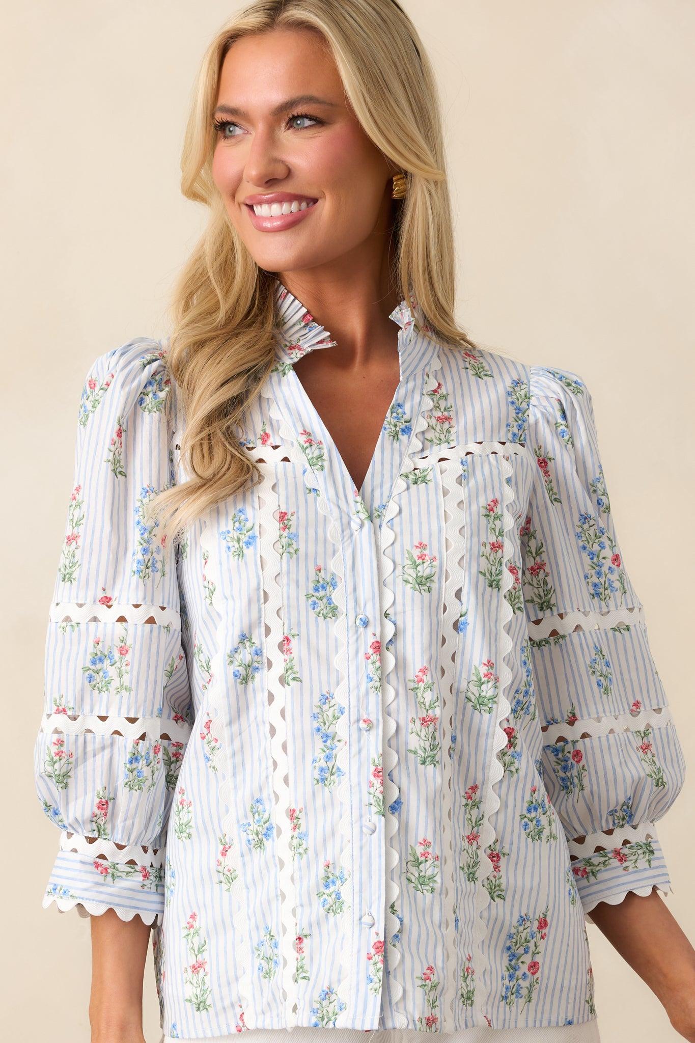 For Keeps Light Blue Stripe Floral Cotton Button Front Top Product Image