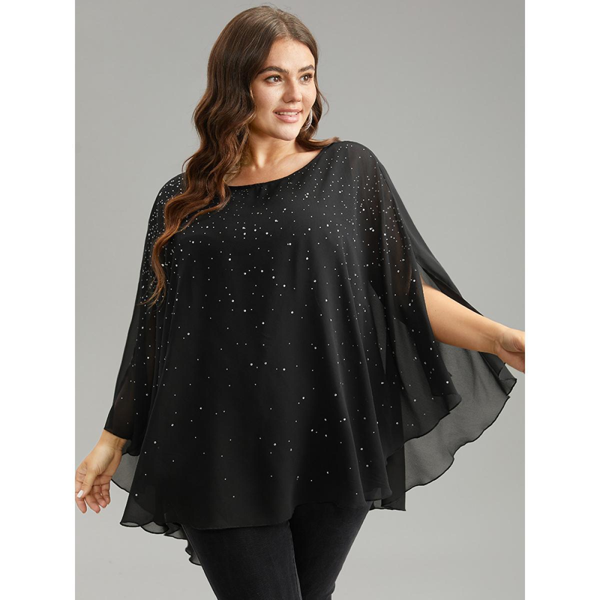 Plus Size Black Chiffon Rhinestone Split Dolman Sleeve Blouse Women Cocktail Elbow-length sleeve Round Neck Party Blouses BloomChic 12/L Product Image