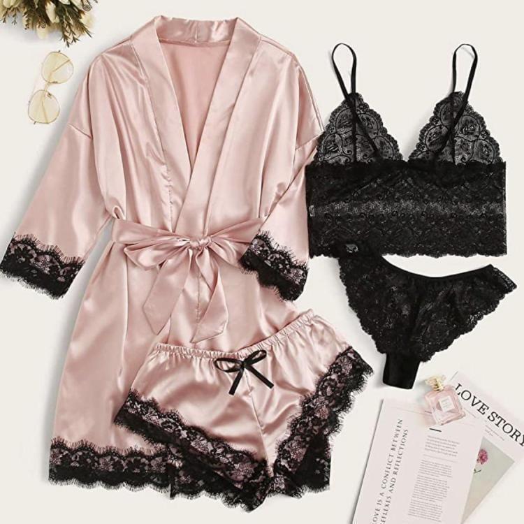 Set: Plain Lace Bra + Panty + Elastic Waist Panel Satin Shorts + Robe Product Image