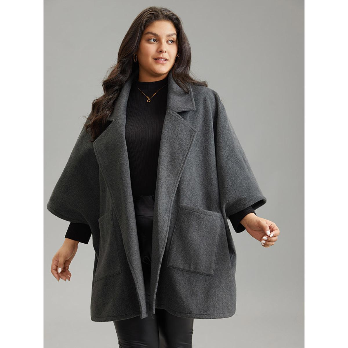 Plus Size Batwing Sleeve Lapel Collar Coat Women DimGray Casual Plain Ladies Dailywear Winter Coats BloomChic 30/6X Product Image