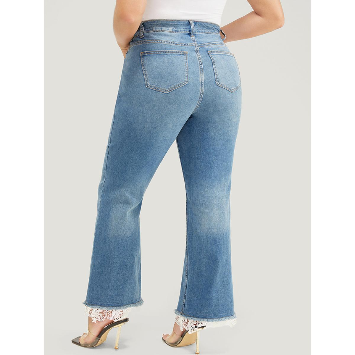 Plus Size Slightly Stretchy High Rise Dark Wash Lace Hem Jeans Women Stone Casual Plain Pocket Low stretch Pocket Jeans BloomChic 14/1X Product Image