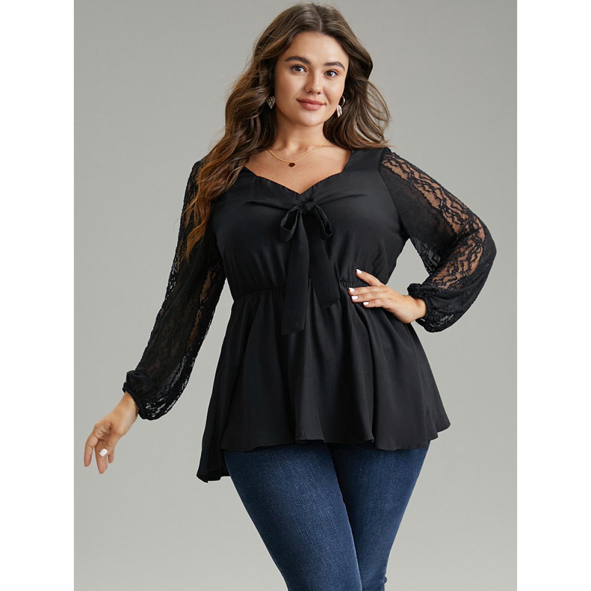 Plus Size Black Crochet Lace Bowknot Elastic Waist Blouse Women Elegant Long Sleeve Square Neck Dailywear Blouses BloomChic 26/4X Product Image