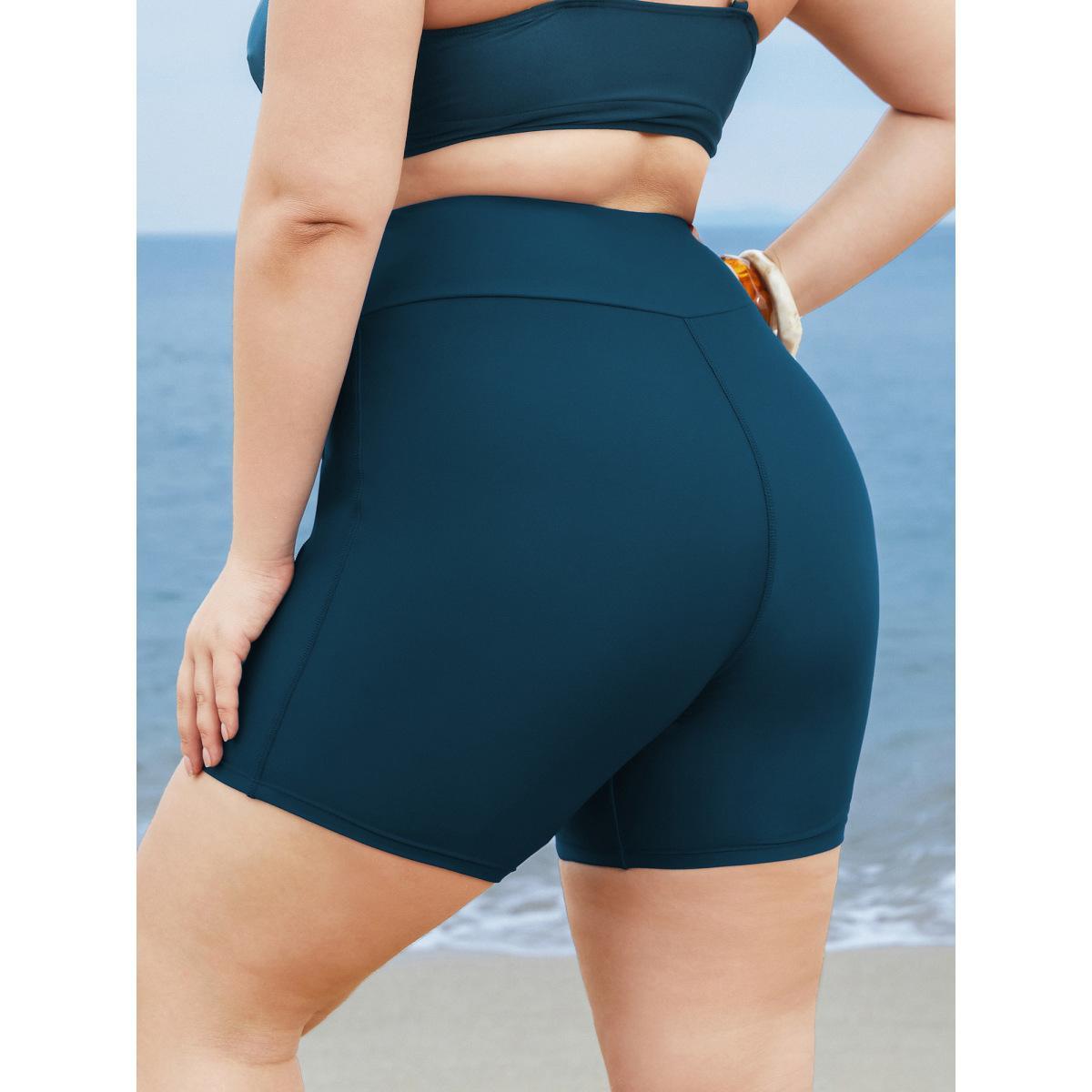 Plus Size Solid Wideband Waist Swim Shorts Women's Swimwear Cyan Beach Non High stretch Skinny High Rise Side seam pocket Curve Swim Bottoms BloomChic 18-20/2X Product Image