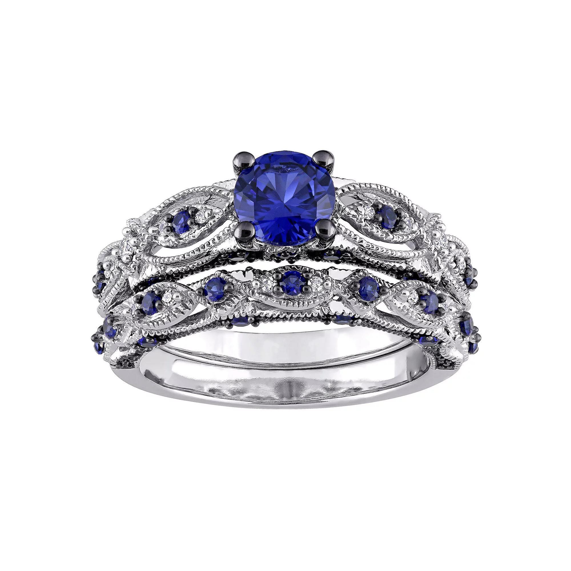 Stella Grace 10k White Gold Lab-Created Sapphire & 1/10 Carat T.W. Diamond Vintage Filigree Engagement Ring Set, Womens 10k Whgold Product Image