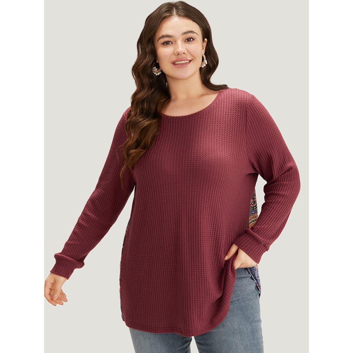 Plus Size Bandana Patchwork Crew Neck Elastic Cuffs Sweatshirt Women Russet Casual Round Neck Everyday Sweatshirts BloomChic 18-20/2X Product Image