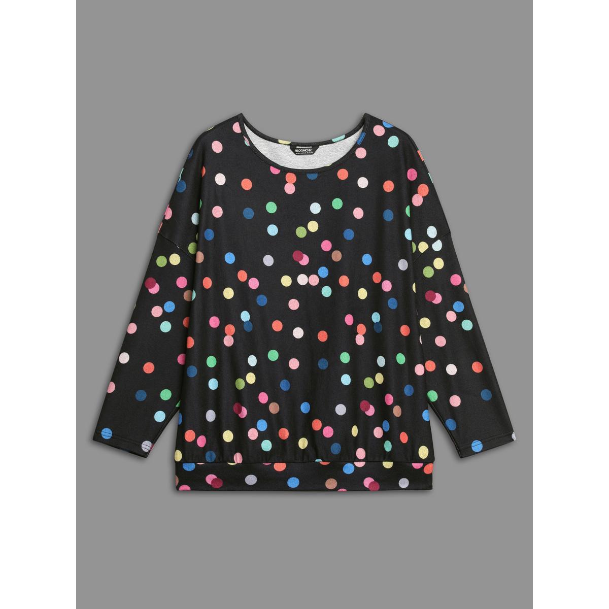 Plus Size Color Polka Dot Drop Shoulder T-shirt DarkBlue Women Casual Contrast Round Neck Everyday T-shirts BloomChic 12/L Product Image