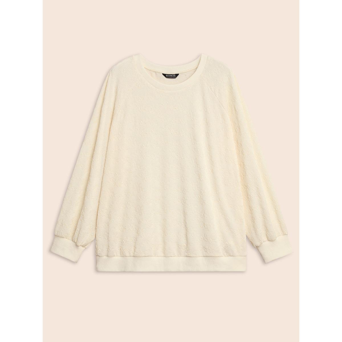 Plus Size Crew Neck Plain Textured Raglan Sleeve Sweatshirt Women Beige Elegant Texture Round Neck Everyday Sweatshirts BloomChic 28/5X Product Image
