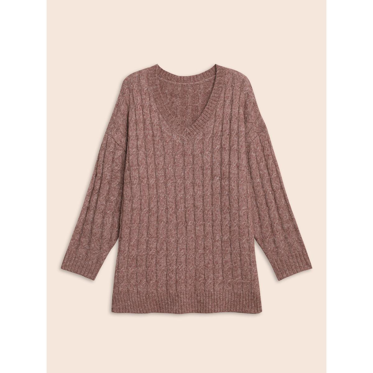 Plus Size Heather Texture Cable Knit Pullover Plum Women Casual Long Sleeve V-neck Everyday Pullovers BloomChic 18-20/2X Product Image