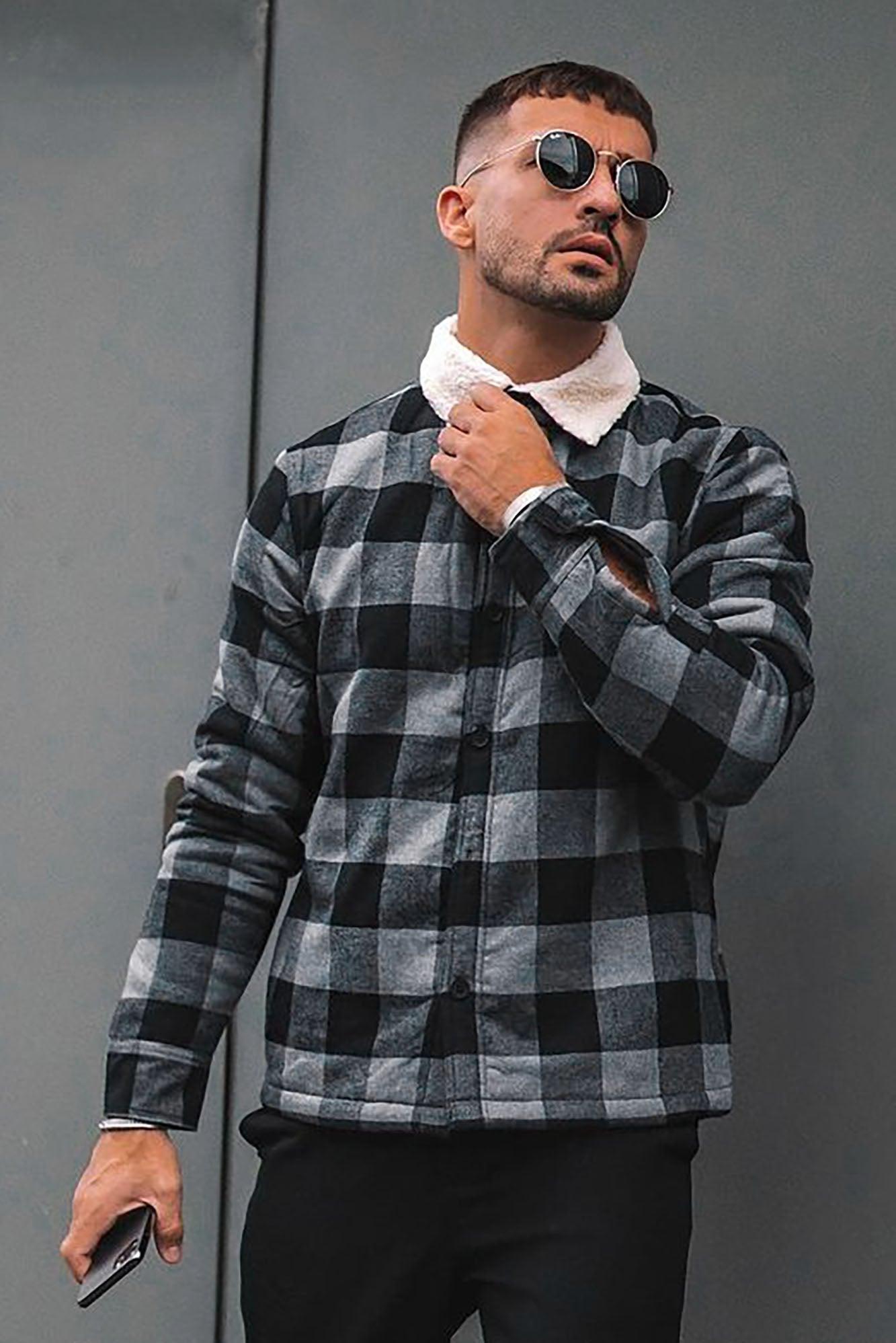 Sherpa Flannel Shacket - Black/Grey Product Image