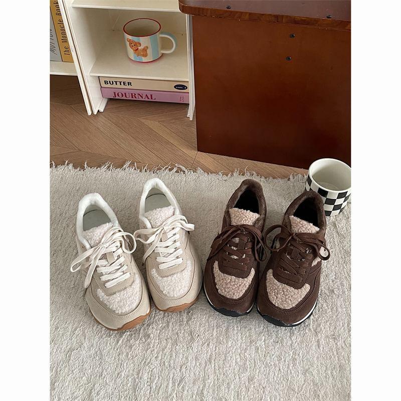 Fluffy Panel Lace-Up Sneakers Product Image
