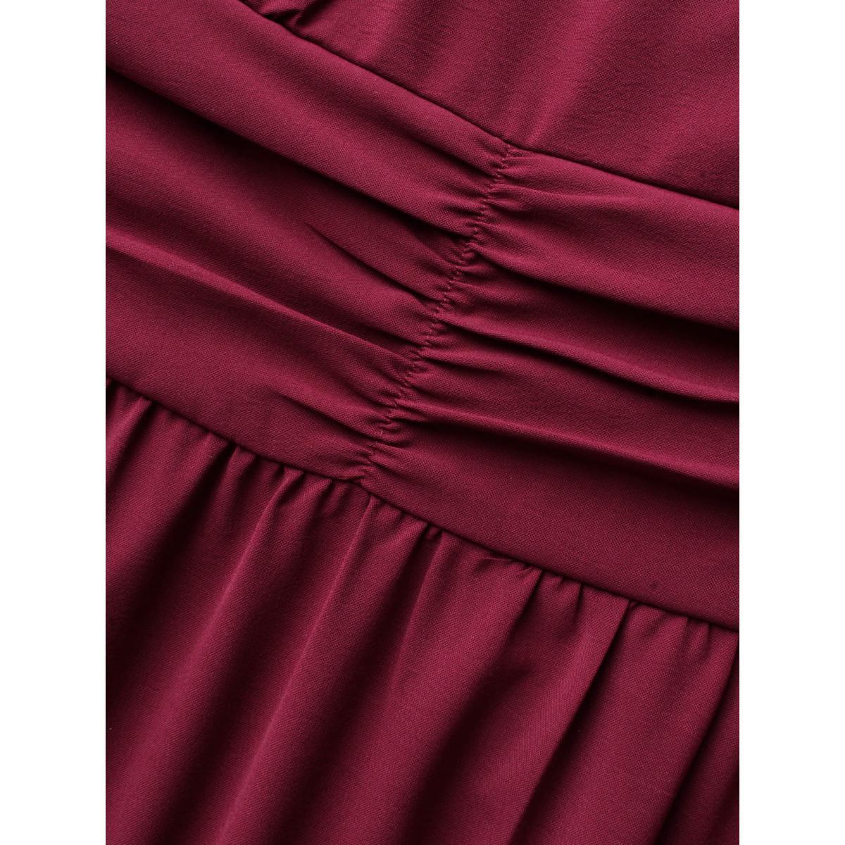 Plus Size Overlap Collar Ruched Lantern Sleeve Maxi Dress Burgundy Women Elegant Gathered Overlap Collar Long Sleeve Curvy BloomChic 30/6X Product Image