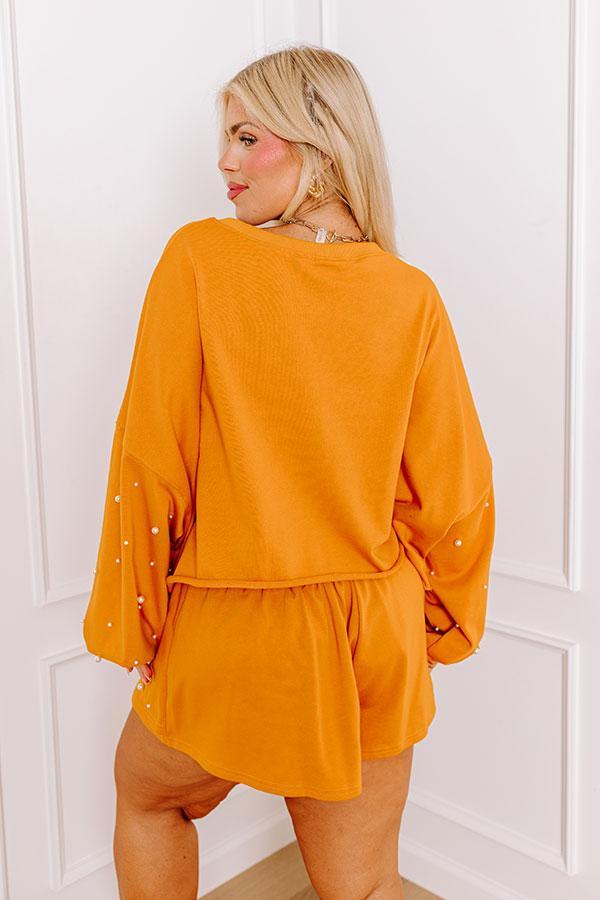 Sideline Chic Pearl Embellished Crop Sweatshirt in Rust Curves Product Image