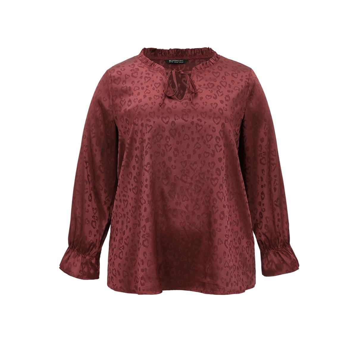 Plus Size Scarlet Solid Knot Neck Frill Trim Flutter Sleeve Blouse Women Glamour Long Sleeve Tie Neck Festival-Christmas Blouses BloomChic 30/6X Product Image