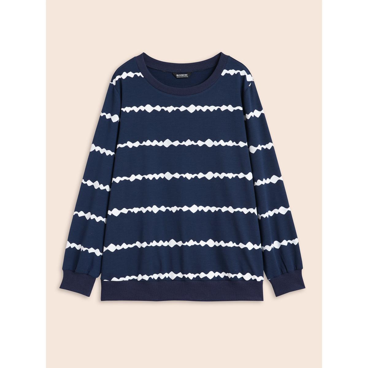 Plus Size Round Neck Asymmetrical Striped Sweatshirt Women Midnight Casual Contrast Round Neck Everyday Sweatshirts BloomChic 22-24/3X Product Image