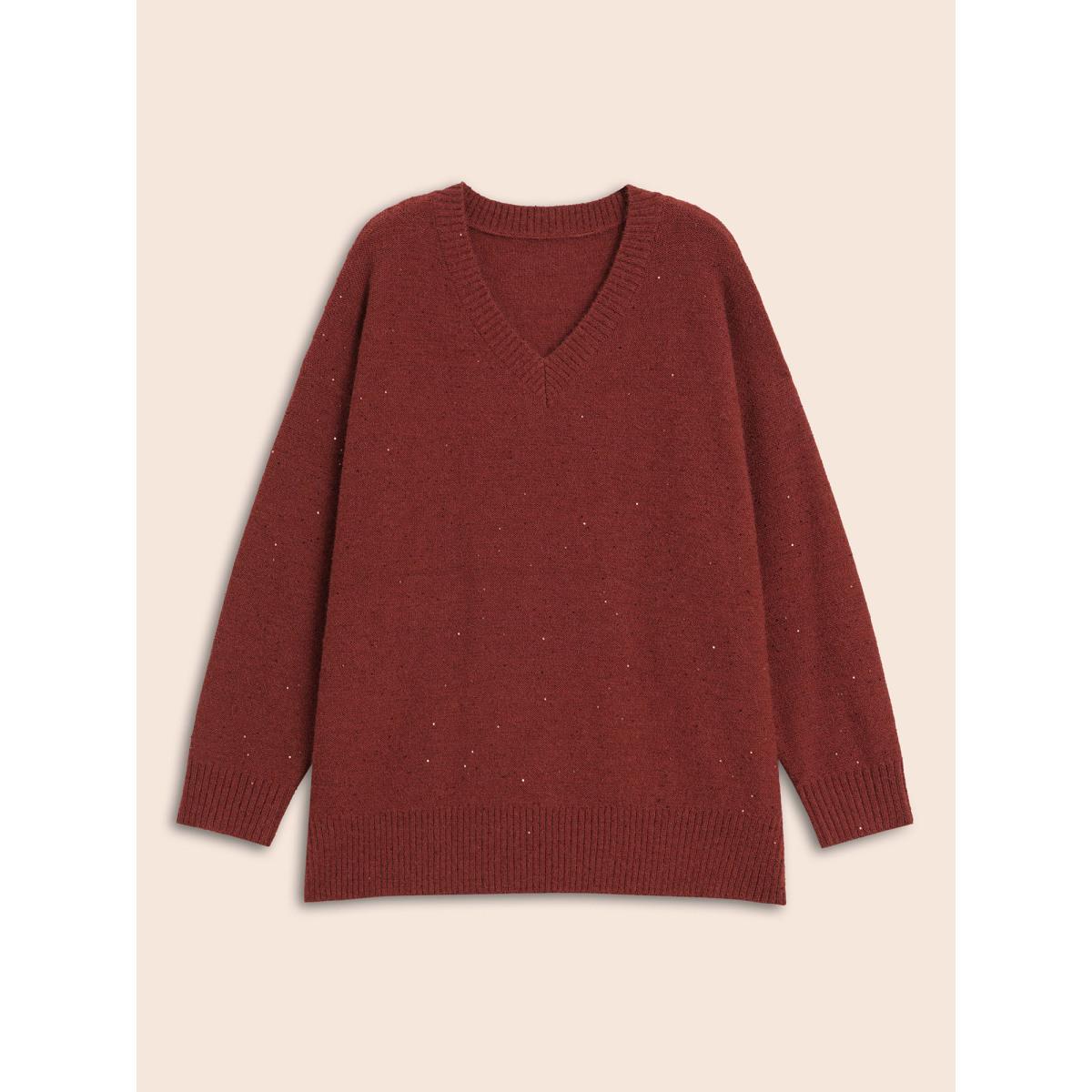 Plus Size V Neck Glitter Dropped Shoulder Split Hem Pullover Deepred Women Casual Loose Long Sleeve V-neck Everyday Pullovers BloomChic 12/L Product Image