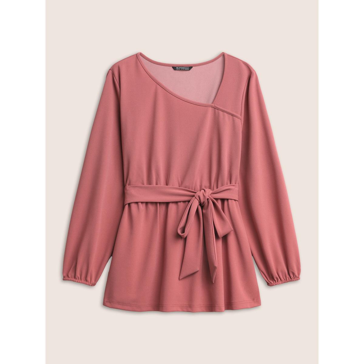 Plus Size DustyPink Asymmetrical Neck Belted Lantern Sleeve Blouse Women Work From Home Long Sleeve Asymmetrical Neck Work Blouses BloomChic 12/L Product Image