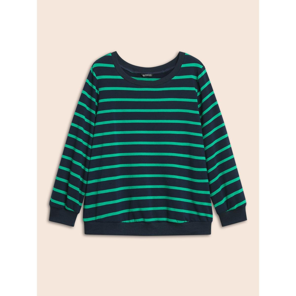 Plus Size Round Neck Striped Stretchy Sweatshirt Women Midnight Casual Contrast Round Neck Everyday Sweatshirts BloomChic 28/5X Product Image