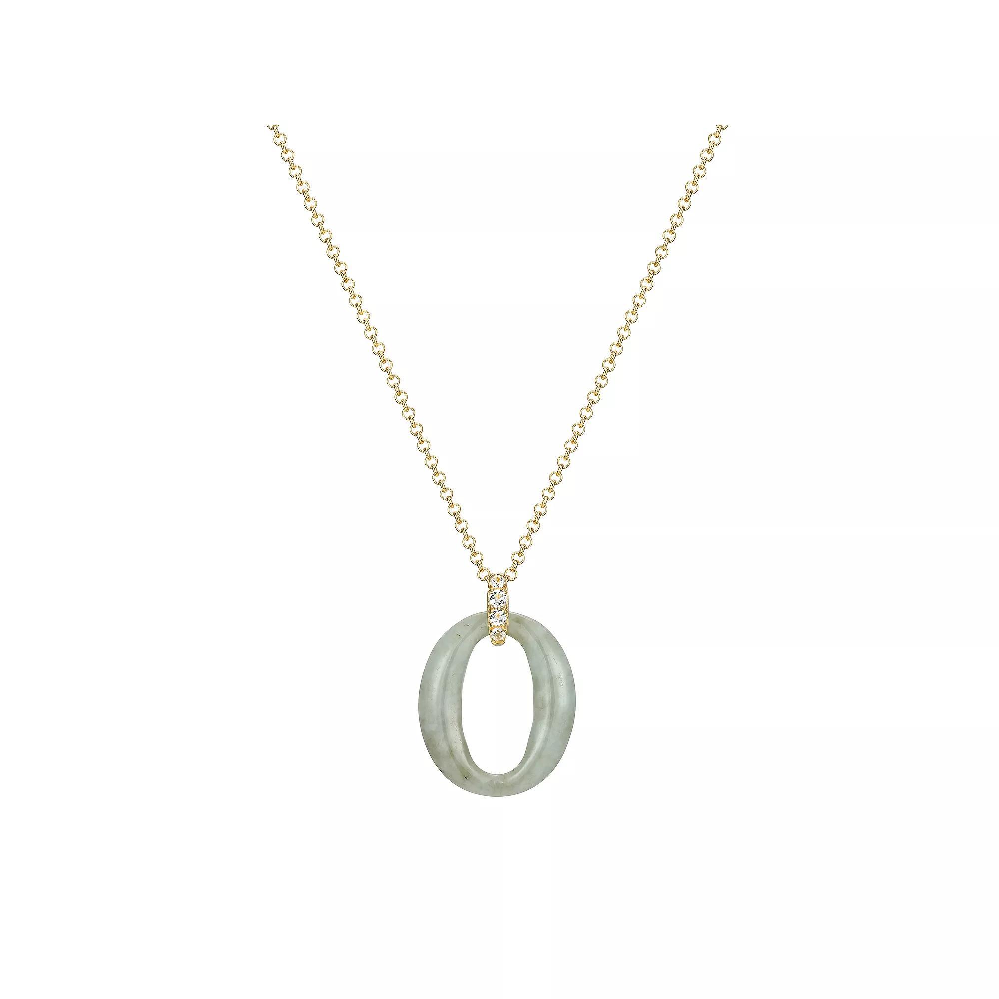Dynasty Jade 18k Gold Over Silver Oval Genuine Green Jade & White Topaz O Pendant Necklace, Women's, Size: 20", Sterling Product Image