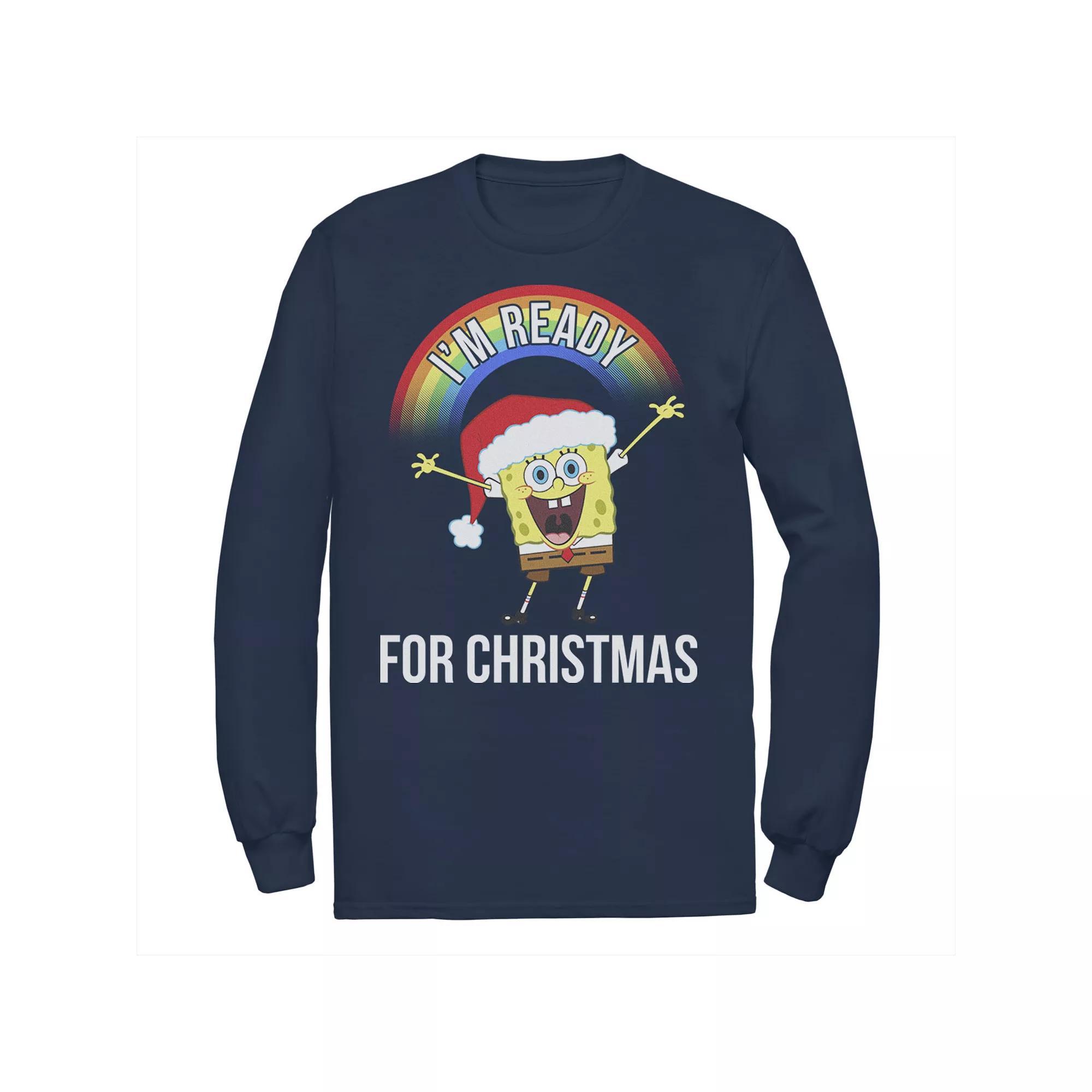 Men's Nickelodeon SpongeBob SquarePants I'm Ready For Christmas Rainbow Long Sleeve Graphic Tee, Size: 3XL, Black Product Image