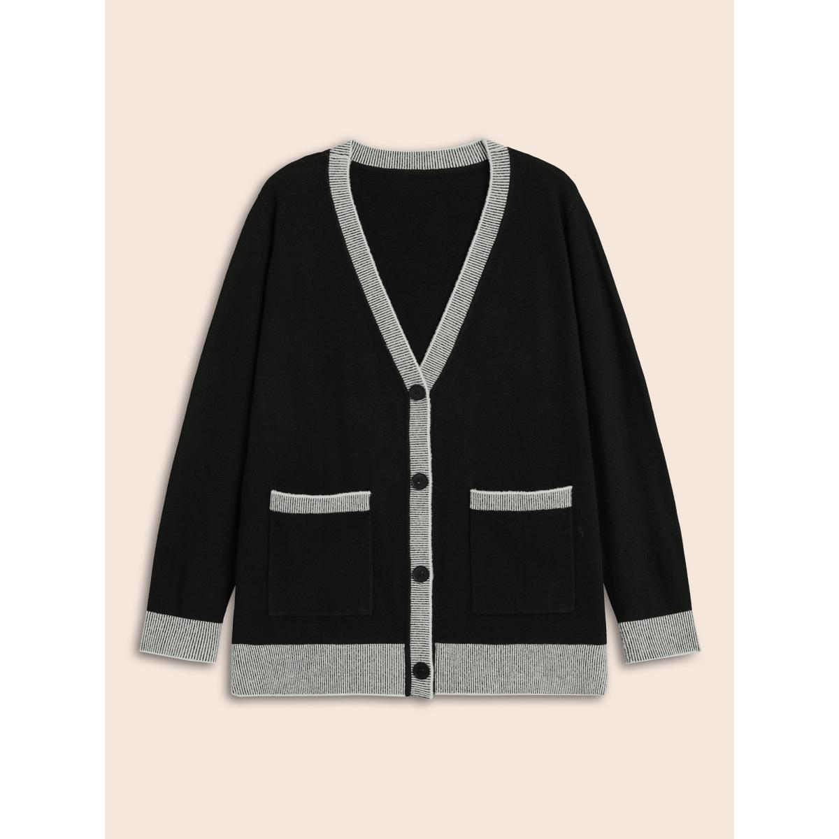 Plus Size Contrast Button Up Pocket Cardigan Black Women Casual Long Sleeve Everyday Cardigans BloomChic 22-24/3X Product Image