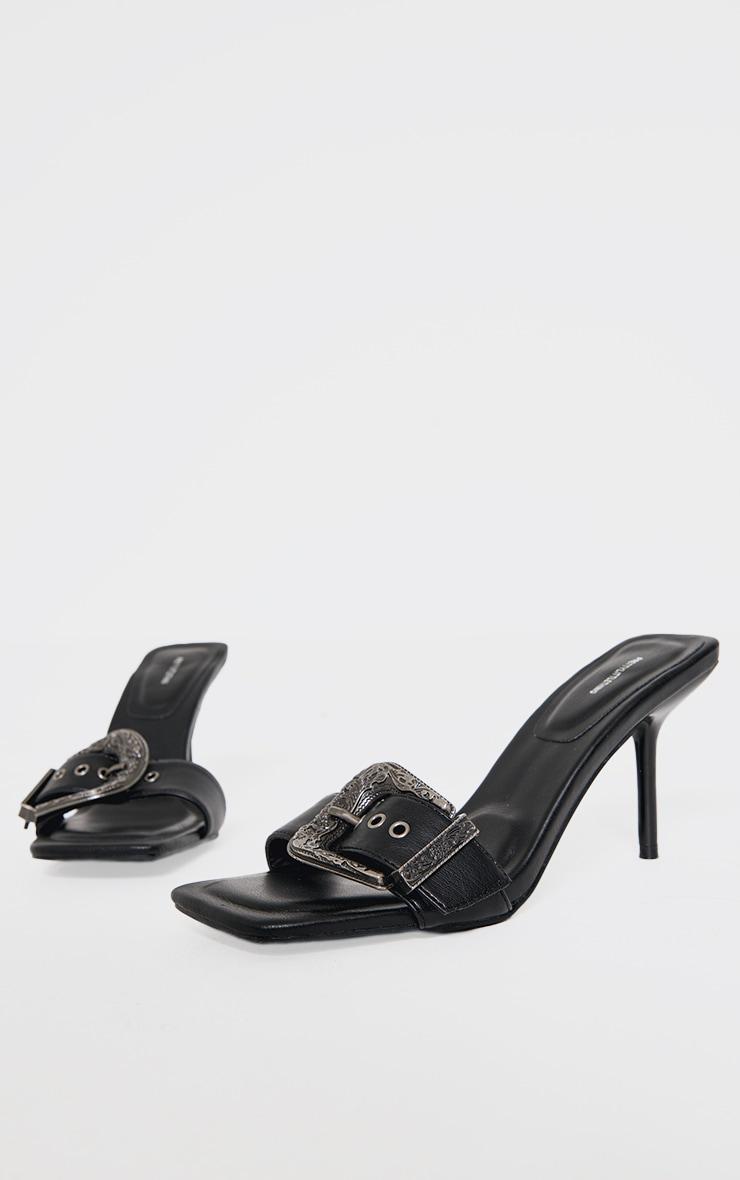 Black PU Square Toe Western Buckle High Stiletto Heeled Mules Product Image