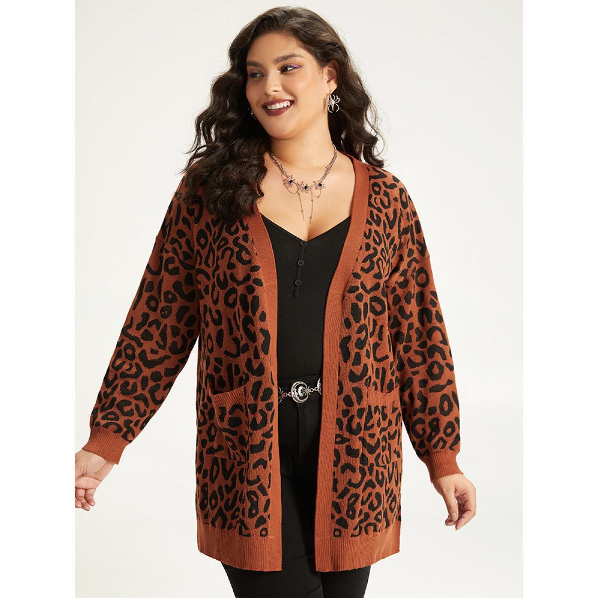 Plus Size Halloween Leopard Print Patched Pocket Split Side Cardigan Leopard Women Casual Loose Long Sleeve Festival-Halloween Cardigans BloomChic 22-24/3X Product Image