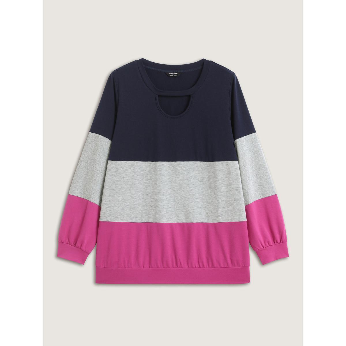 Plus Size Supersoft Color Block Neck Cut-Out Sweatshirt Women Indigo Round Neck Everyday-Casual Sweatshirts BloomChic 22-24/3X Product Image