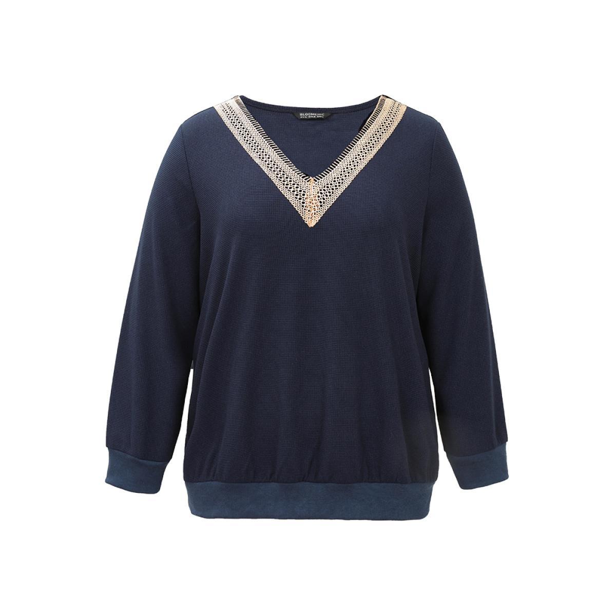 Plus Size Patchwork Lace Panel V Neck Waffle Knit Sweatshirt Women Blue Elegant Rib Knit V-neck Dailywear Sweatshirts BloomChic 30/6X Product Image