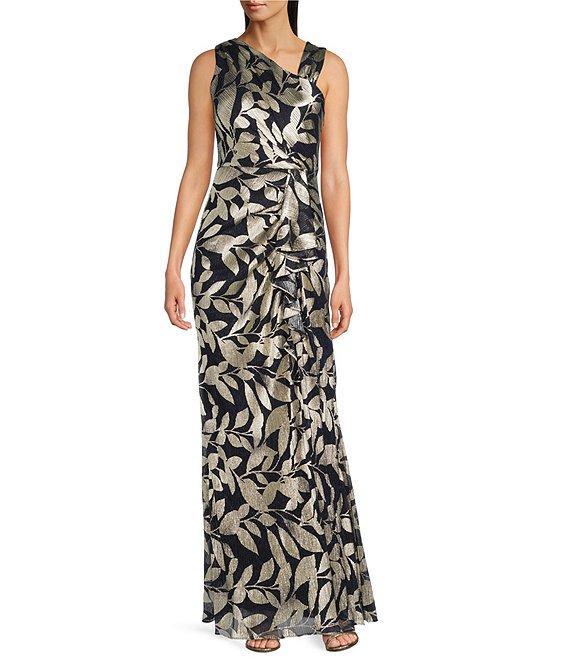 Adrianna Papell Metallic Asymmetrical Neck Sleeveless Gown Product Image
