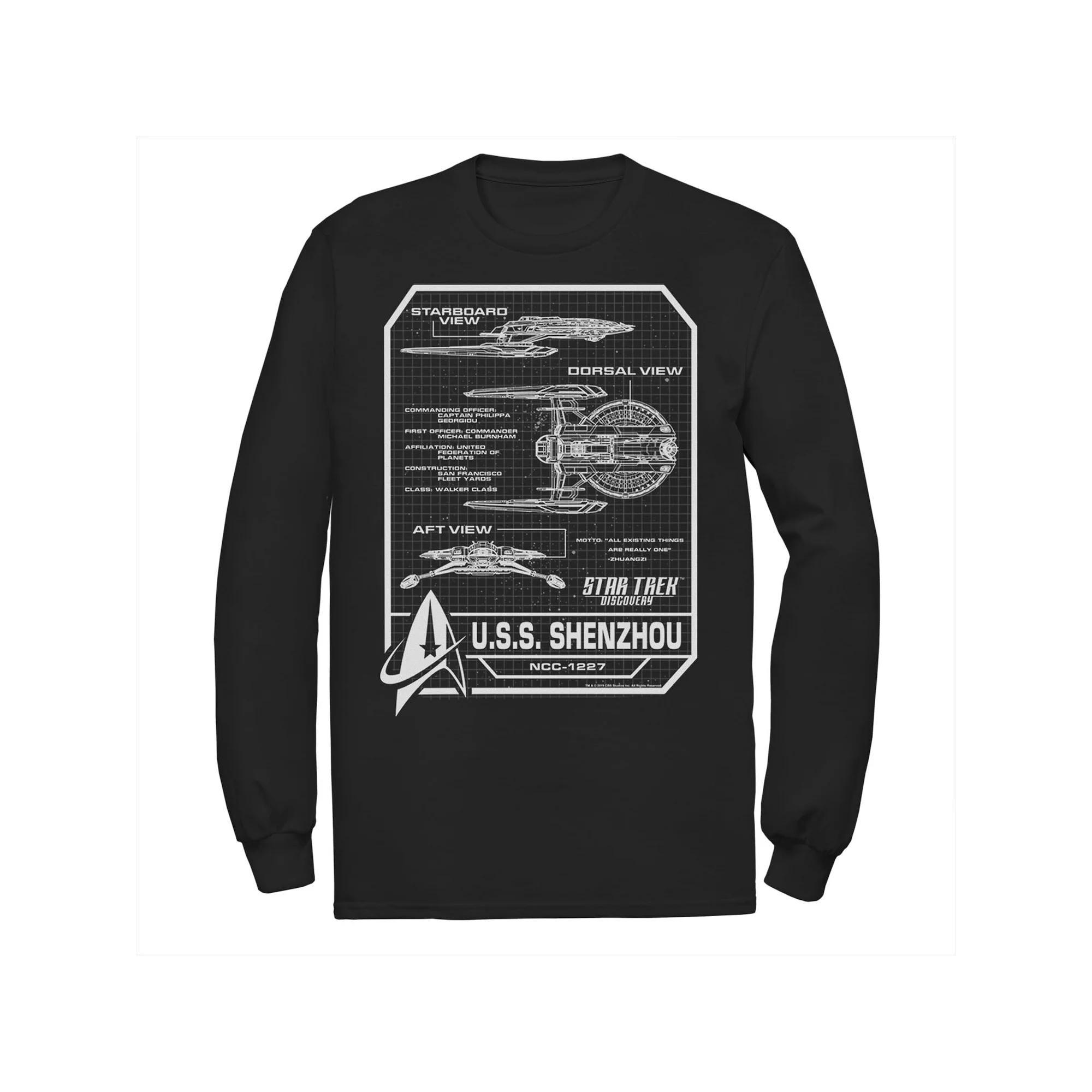 Men's Star Trek Discovery U.S.S. Shenzhou Schematics Long Sleeve Tee, Size: Large, Black Product Image