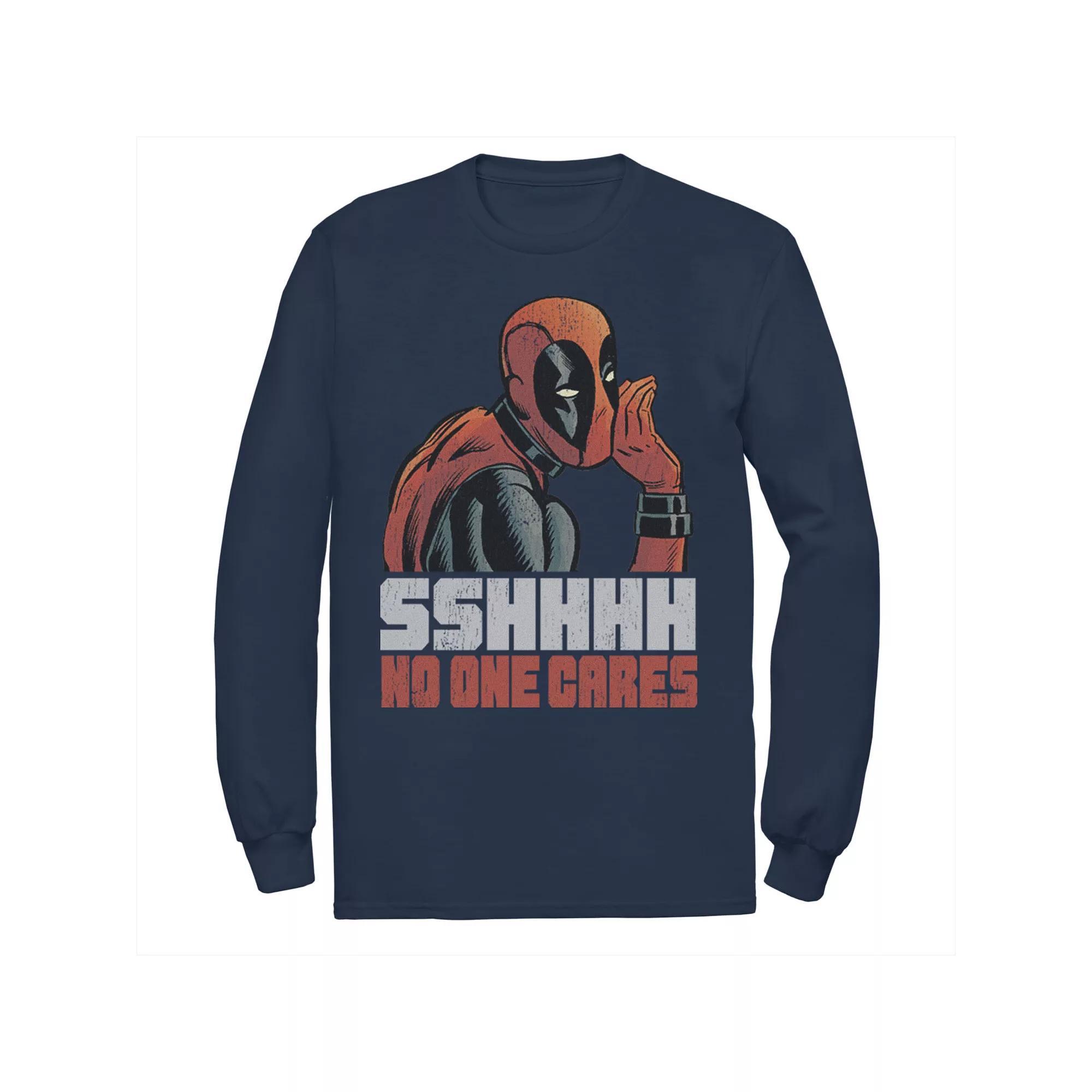 Men's Marvel Deadpool SSHHHH No One Cares Whisper Long Sleeve Graphic Tee, Size: Small, Blue Product Image