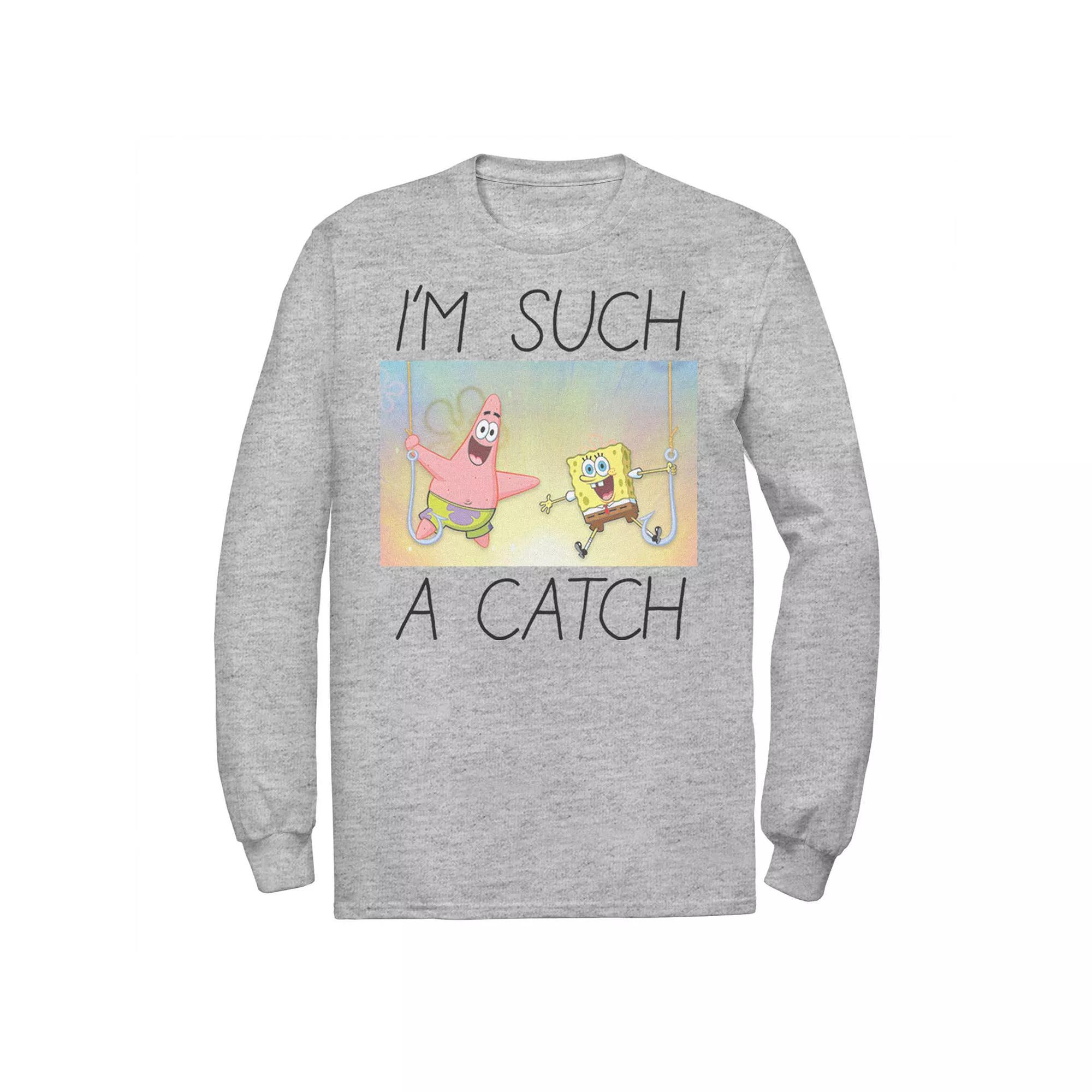 Men's Spongebob I'm Such A Catch Portrait Long Sleeve Tee, Size: 3XL, Athletic Grey Product Image