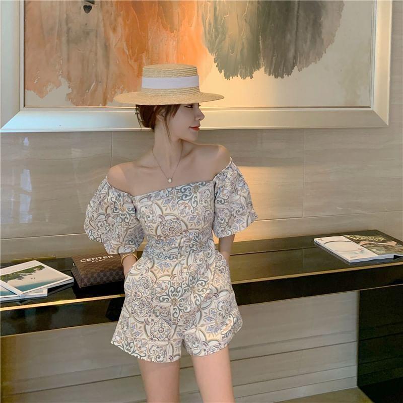 Puff-Sleeve Square Neck Floral Print Romper Product Image