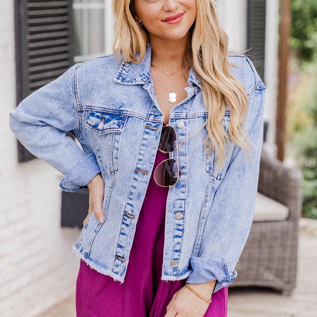 Born To Dream Light Wash Acid Wash Raw Hem Denim Jacket FINAL SALE Product Image