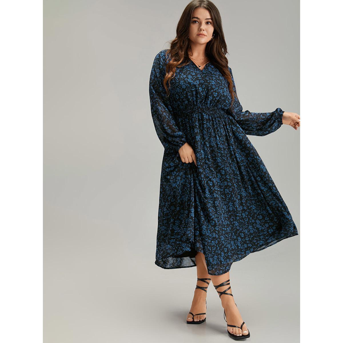 Plus Size Chiffon Ditsy Floral Pocket Shirred Cuffs Dress Scarlet Women Elegant Elastic cuffs V-neck Long Sleeve Curvy Midi Dress BloomChic 12/L Product Image