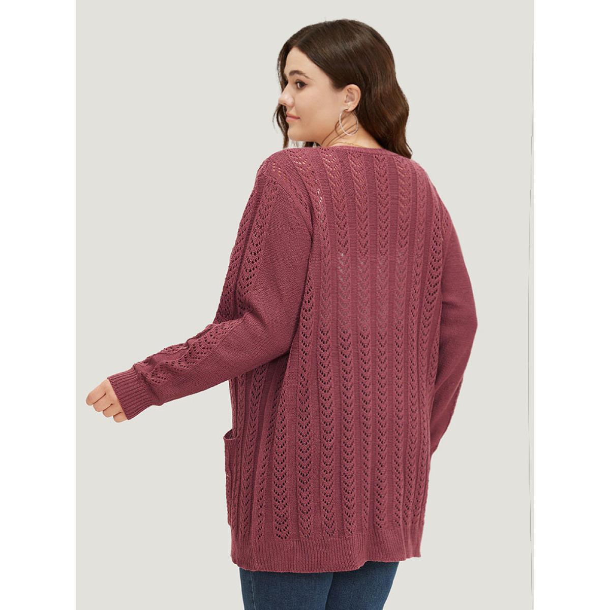 Plus Size Solid Patched Pocket Geo Eyelet Open Front Cardigan Maroon Women Casual Loose Long Sleeve Everyday Cardigans BloomChic 18-20/2X Product Image
