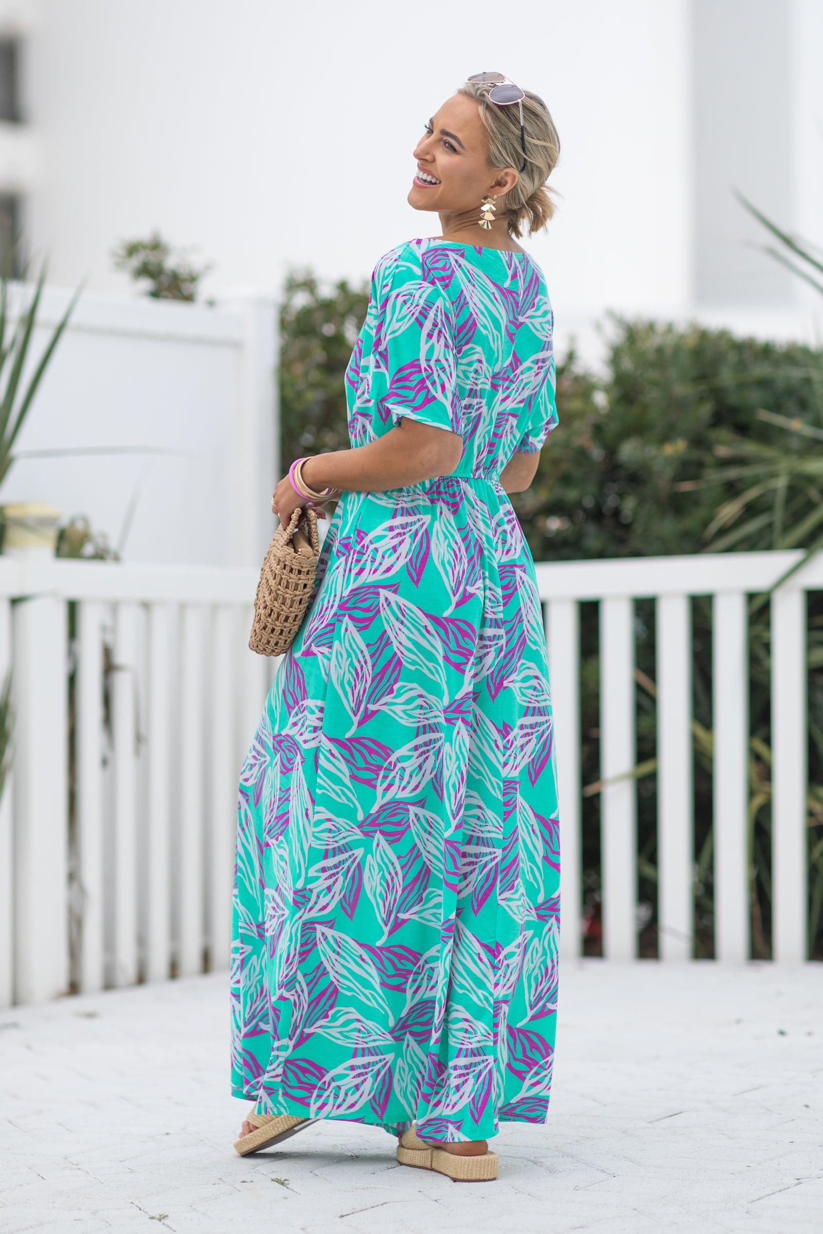 Mint Flower Print Boat Neck Maxi Dress Product Image
